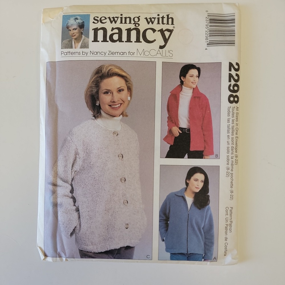 McCalls 2298 Nancy Zieman Womens Fleece Jacket Sewing Pattern 18-22 UNCUT